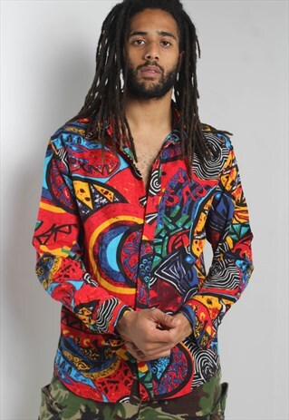 Vintage Abstract Crazy Patterned Long Sleeve Shirt Multi