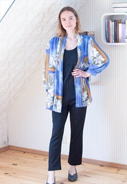 Blue floral long sleeve silky blouse