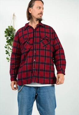 Vintage 90s Padded Flannel Shirt Maroon Plaid Unisex Size XL
