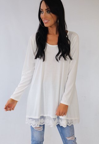 WHITE SOFT JERSEY LACE SWING TUNIC TOP