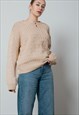 Vintage 70s Minimal Knitted Women Sweater in Beige M