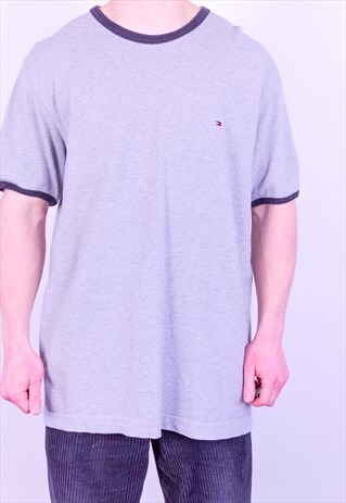 VINTAGE TOMMY HILFIGER RINGER T-SHIRT IN GREY XL