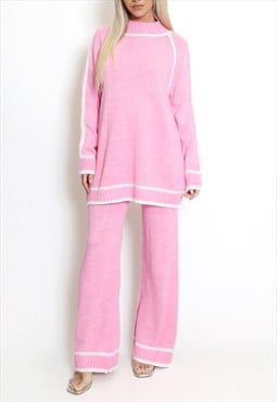 High Neck Knitted Jumper And Wide Leg Trouser Set In Pink