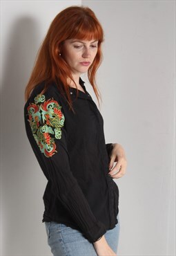 Vintage 80's Floral Embroidered Blouse Shirt Black