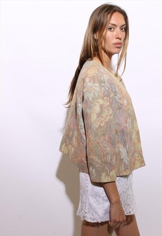 VINTAGE 1980'S 80'S PASTEL FLORAL TAPESTRY WOVEN JACKET L-XL