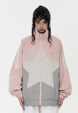 Star print track jacket raver wind breaker rain coat pink