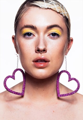 PINK HOLOGRAPHIC GLITTER XL HOLLOW HEART EARRINGS