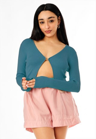 Teal Split Front Long Sleeve Ribbed Top
