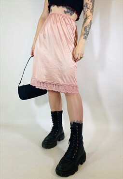 Vintage Satin Lace Cottagecore Pink Midi Slip Skirt