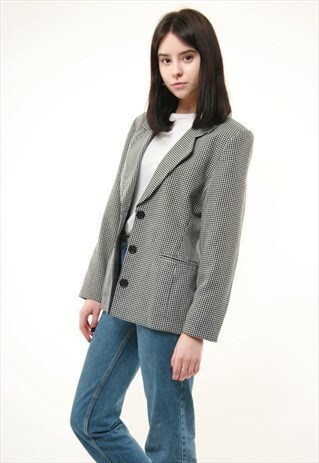 80S VINTAGE BLACK WHITE CHECKED LONG BLAZER JACKET 266