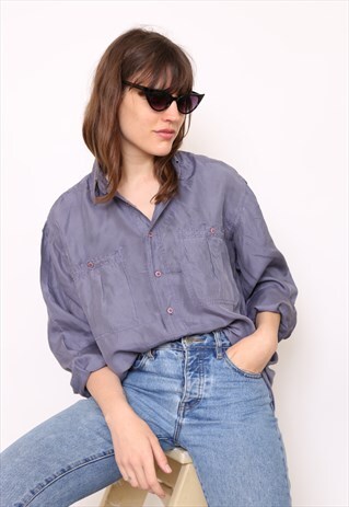 VINTAGE 90S BLUE GREY SILK OVERSIZED BLOUSE SHIRT