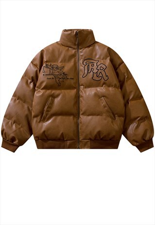 FAUX LEATHER BOMBER JACKET ANGEL PATCH GRUNGE PUFFER BROWN