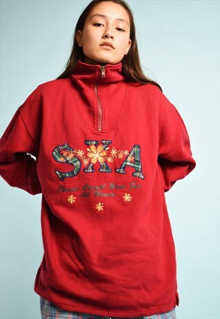90'S FLORAL & SLOGAN EMBROIDERED OVERSIZED SWEATSHIRT JUMPER