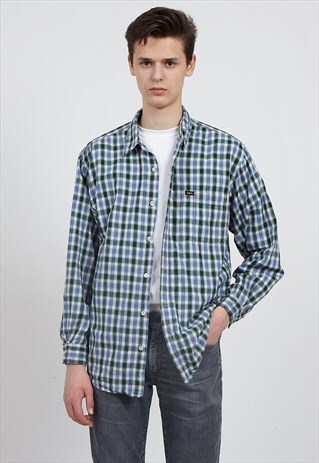 VINTAGE BLUE GREEN LEE LONG SLEEVE CHECKERED COTTON SHIRT