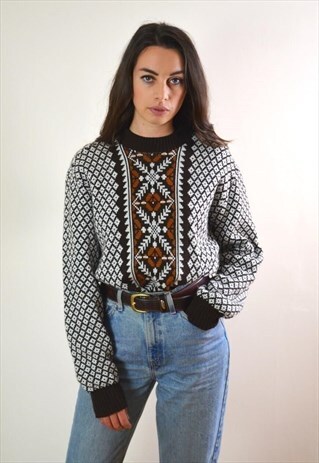 1980S VINTAGE BROWN & CREAM PRINTED KNITTED JUMPER