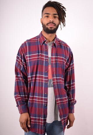 MENS VINTAGE FLANNEL SHIRT XL MAROON CHECK 90S