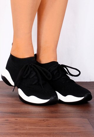 BLACK KNITTED SOCK STYLE CHUNKY SOLE LACE UPS TRAINERS