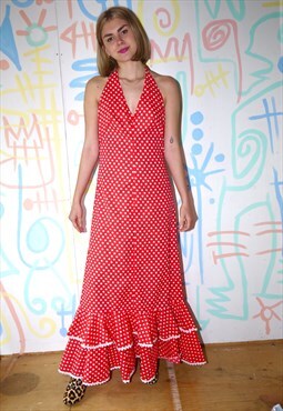 Dress Vintage 1970s Maxi Red Flamenco Polka Dot Size 10