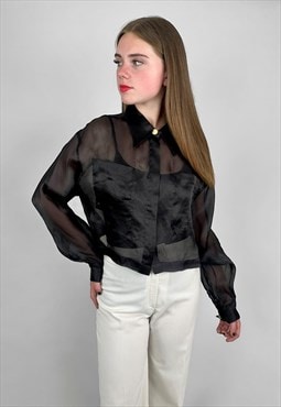 80's Vintage Sfarzo Black Sheer Crop Long Sleeve Blouse