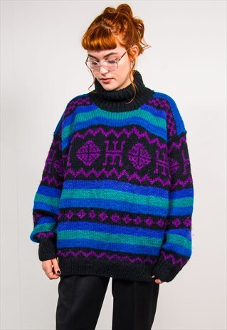VINTAGE 90'S BLUE STRIPED TURTLE NECK KNIT THICK JUMPER