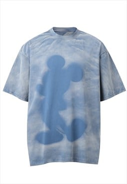 Grunge cartoon t-shirt mouse print tee bleached top in blue