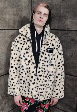 Leopard fleece jacket faux fur bear bomber chain coat cream