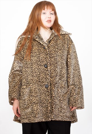 VINTAGE 90S LEOPARD PRINT FAUX FUR JACKET ID:5273