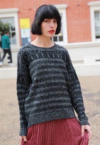 BLACK GREY STRIPE KNITTED THICK WARM JUMPER
