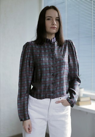 VINTAGE MULTICOLOR CHECKED PUFF SLEEVES BLOUSE