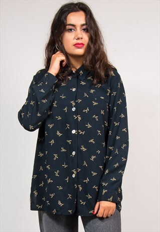 90'S VINTAGE BLACK WHEAT LEAF PATTERN SHIRT
