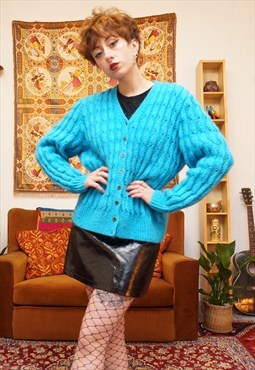 Vintage 80s Hand Knit Cardigan in Turquoise Blue