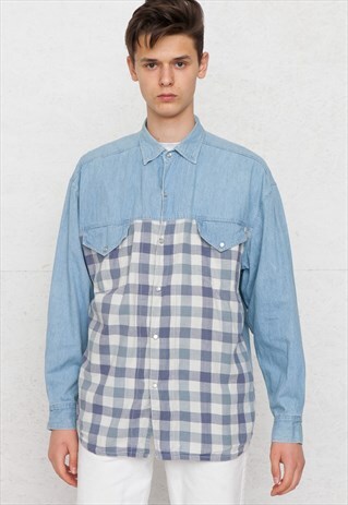VINTAGE BLUE BROADCAST CHECKERED DENIM LONG SLEEVE SHIRT