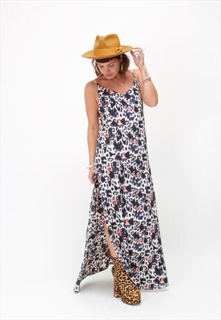 LOW BACK MAXI DRESS WITH LEG SPLITS IN MIXED ANIMAL PRINT