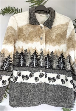 Vintage 90's Borg Sherpa Fleece Forest Print Zip Jacket
