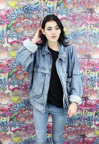 VINTAGE 80S LIGHT BLUE BLANKET LINED DENIM JACKET.