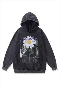 Daisy print hoodie floral pullover sunflower top acid grey