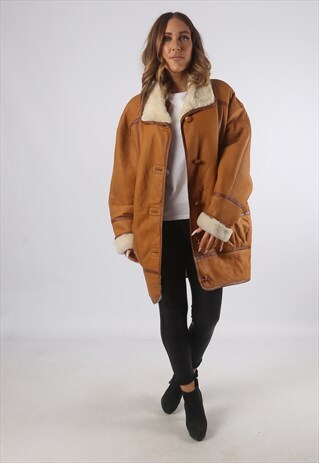 VINTAGE SHEEPSKIN LEATHER SHEARLING COAT MID UK L 14 (K93N)