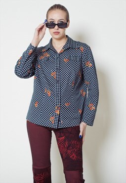 Vintage 70s Boho Long Sleeve Fitted Patterned Women Shirt