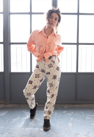 VINTAGE HIGH WAIST TILE PRINT MOM JEANS CREAM