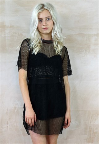 FISHNET MINI DRESS WITH VELVET NECK