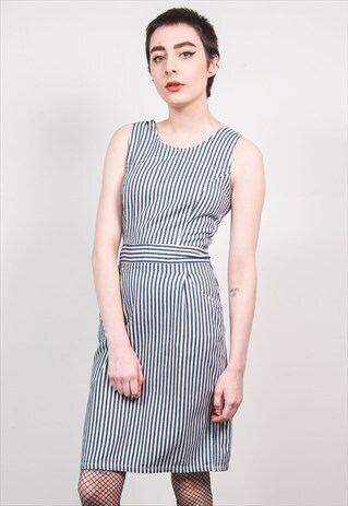 VINTAGE 80'S BLUE STRIPED DENIM SLEEVELESS PENCIL DRESS