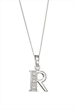 Solid White Gold Diamond "R" Initial Pendant Necklace