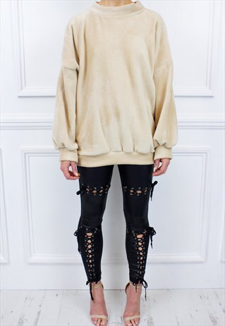 BEIGE FAUX FUR FLUFFY JUMPER SWEATER SWEATSHIRT LOOSE TOP
