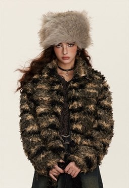 Cropped fax fur jacket retro fluffy striped coat in black