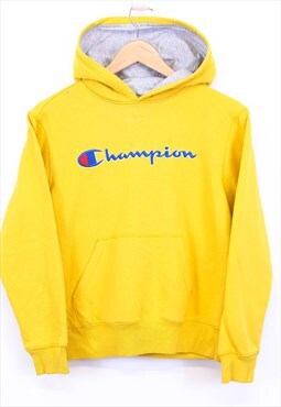 Vintage Champion Hoodie Yellow With Spell Out Logo Print 90s