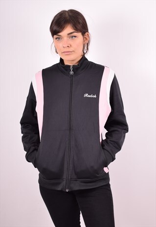 REEBOK WOMENS VINTAGE TRACKSUIT TOP JACKET LARGE BLACK 90S
