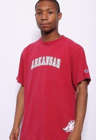 VINTAGE CHAMPION ARKANSAS VARSITY SPELL OUT LOGO T-SHIRT RED