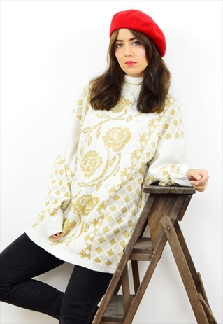 VINTAGE 80S WHITE AND GOLD FLORAL TURTLE NECK JUMPER