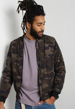 Vintage Quilted Padded MA1 Camo Bomber Jacket Green