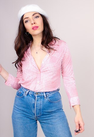 VINTAGE 70S PINK BLOCK PRINT POINTED COLLAR BLOUSE